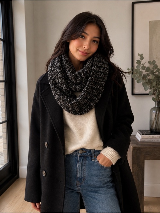 unknown Accessories - Chunky Knit Infinity Scarf Black Gray Marled Loop Scarf Winter Cozy